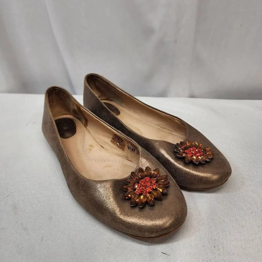 Fossil Womens Leather Ballet Flats Metallic Gold Flower brooch Size 11